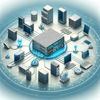 DALL·E 2023-12-20 13.22.29 - A detailed illustration of a computer network. At the center, theres a large, labeled core router. Connected to this core router are various devices_